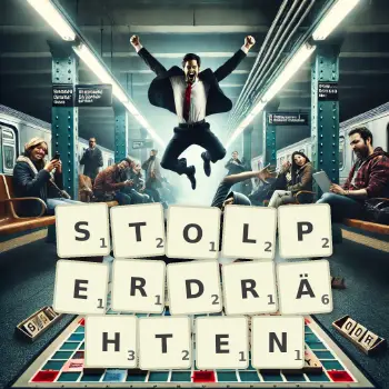 Kreative Illustration für ein Scrabble-Spiel, bei dem das Wort STOLPERDRÄHTEN mit Steinen auf dem Brett gelegt wurde.