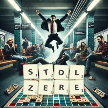 Kreative Illustration für ein Scrabble-Spiel, bei dem das Wort STOLZERE mit Steinen auf dem Brett gelegt wurde.