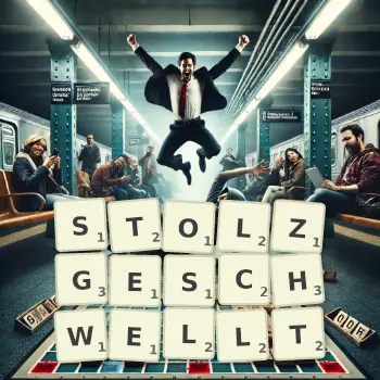Kreative Illustration für ein Scrabble-Spiel, bei dem das Wort STOLZGESCHWELLT mit Steinen auf dem Brett gelegt wurde.