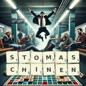 Kreative Illustration für ein Scrabble-Spiel, bei dem das Wort STOMASCHINEN mit Steinen auf dem Brett gelegt wurde.