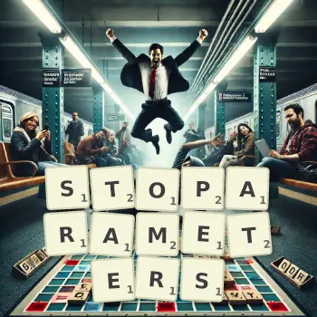 Kreative Illustration für ein Scrabble-Spiel, bei dem das Wort STOPARAMETERS mit Steinen auf dem Brett gelegt wurde.