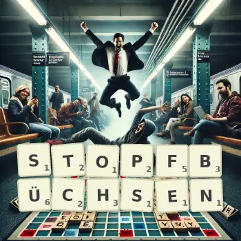Kreative Illustration für ein Scrabble-Spiel, bei dem das Wort STOPFBÜCHSEN mit Steinen auf dem Brett gelegt wurde.
