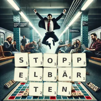 Kreative Illustration für ein Scrabble-Spiel, bei dem das Wort STOPPELBÄRTEN mit Steinen auf dem Brett gelegt wurde.