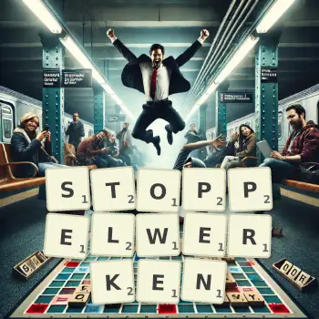 Kreative Illustration für ein Scrabble-Spiel, bei dem das Wort STOPPELWERKEN mit Steinen auf dem Brett gelegt wurde.