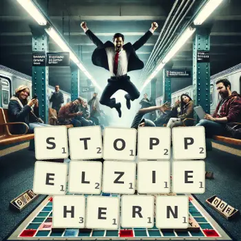 Kreative Illustration für ein Scrabble-Spiel, bei dem das Wort STOPPELZIEHERN mit Steinen auf dem Brett gelegt wurde.
