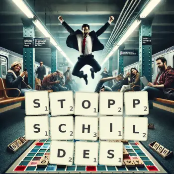 Kreative Illustration für ein Scrabble-Spiel, bei dem das Wort STOPPSCHILDES mit Steinen auf dem Brett gelegt wurde.