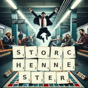 Kreative Illustration für ein Scrabble-Spiel, bei dem das Wort STORCHENNESTER mit Steinen auf dem Brett gelegt wurde.