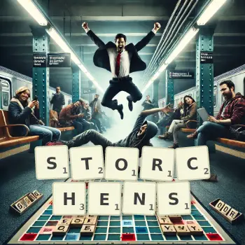 Kreative Illustration für ein Scrabble-Spiel, bei dem das Wort STORCHENS mit Steinen auf dem Brett gelegt wurde.