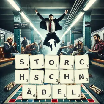 Kreative Illustration für ein Scrabble-Spiel, bei dem das Wort STORCHSCHNÄBEL mit Steinen auf dem Brett gelegt wurde.