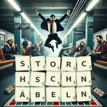 Kreative Illustration für ein Scrabble-Spiel, bei dem das Wort STORCHSCHNÄBELN mit Steinen auf dem Brett gelegt wurde.