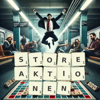 Kreative Illustration für ein Scrabble-Spiel, bei dem das Wort STOREAKTIONEN mit Steinen auf dem Brett gelegt wurde.