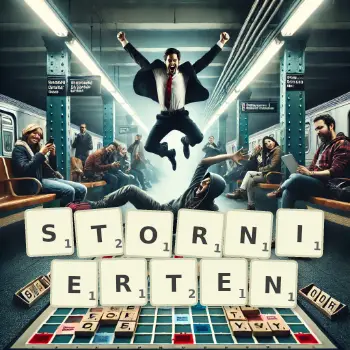 Kreative Illustration für ein Scrabble-Spiel, bei dem das Wort STORNIERTEN mit Steinen auf dem Brett gelegt wurde.