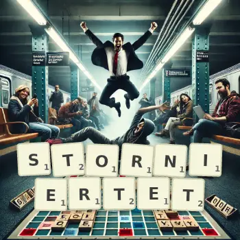 Kreative Illustration für ein Scrabble-Spiel, bei dem das Wort STORNIERTET mit Steinen auf dem Brett gelegt wurde.