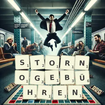 Kreative Illustration für ein Scrabble-Spiel, bei dem das Wort STORNOGEBÜHREN mit Steinen auf dem Brett gelegt wurde.
