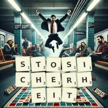 Kreative Illustration für ein Scrabble-Spiel, bei dem das Wort STOSICHERHEIT mit Steinen auf dem Brett gelegt wurde.