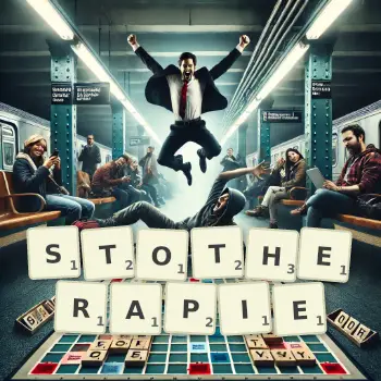 Kreative Illustration für ein Scrabble-Spiel, bei dem das Wort STOTHERAPIE mit Steinen auf dem Brett gelegt wurde.