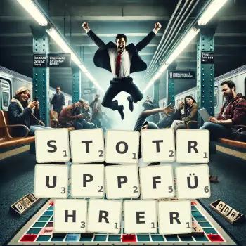 Kreative Illustration für ein Scrabble-Spiel, bei dem das Wort STOTRUPPFÜHRER mit Steinen auf dem Brett gelegt wurde.