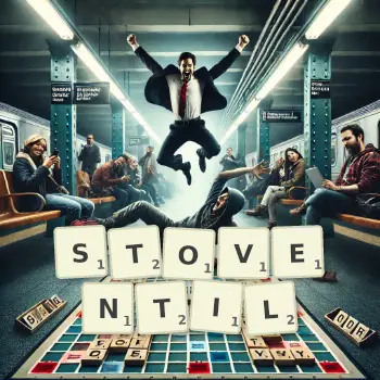 Kreative Illustration für ein Scrabble-Spiel, bei dem das Wort STOVENTIL mit Steinen auf dem Brett gelegt wurde.