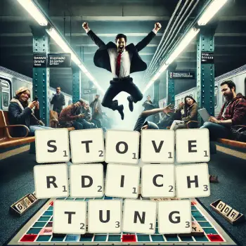 Kreative Illustration für ein Scrabble-Spiel, bei dem das Wort STOVERDICHTUNG mit Steinen auf dem Brett gelegt wurde.