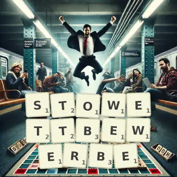 Kreative Illustration für ein Scrabble-Spiel, bei dem das Wort STOWETTBEWERBE mit Steinen auf dem Brett gelegt wurde.