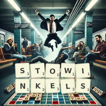 Kreative Illustration für ein Scrabble-Spiel, bei dem das Wort STOWINKELS mit Steinen auf dem Brett gelegt wurde.