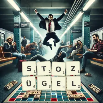 Kreative Illustration für ein Scrabble-Spiel, bei dem das Wort STOZÜGEL mit Steinen auf dem Brett gelegt wurde.