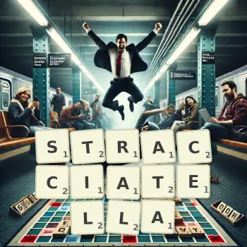 Kreative Illustration für ein Scrabble-Spiel, bei dem das Wort STRACCIATELLA mit Steinen auf dem Brett gelegt wurde.