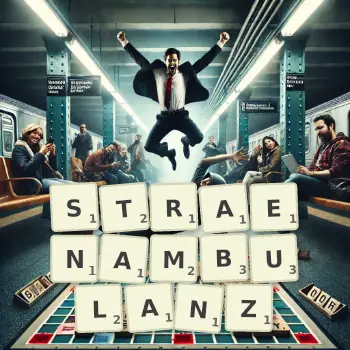 Kreative Illustration für ein Scrabble-Spiel, bei dem das Wort STRAENAMBULANZ mit Steinen auf dem Brett gelegt wurde.