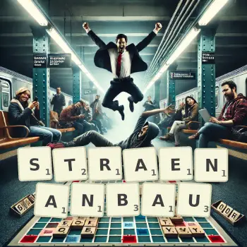 Kreative Illustration für ein Scrabble-Spiel, bei dem das Wort STRAENANBAU mit Steinen auf dem Brett gelegt wurde.