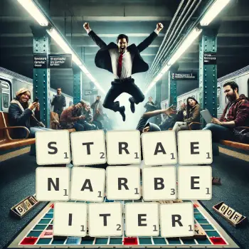 Kreative Illustration für ein Scrabble-Spiel, bei dem das Wort STRAENARBEITER mit Steinen auf dem Brett gelegt wurde.