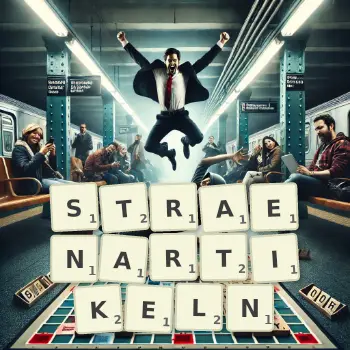 Kreative Illustration für ein Scrabble-Spiel, bei dem das Wort STRAENARTIKELN mit Steinen auf dem Brett gelegt wurde.
