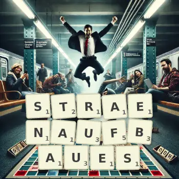 Kreative Illustration für ein Scrabble-Spiel, bei dem das Wort STRAENAUFBAUES mit Steinen auf dem Brett gelegt wurde.
