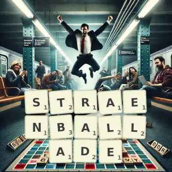 Kreative Illustration für ein Scrabble-Spiel, bei dem das Wort STRAENBALLADE mit Steinen auf dem Brett gelegt wurde.