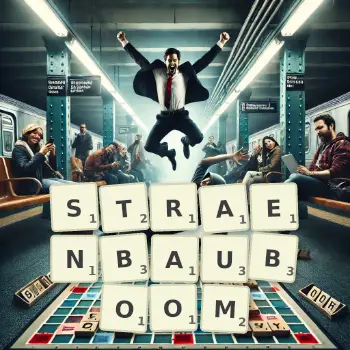 Kreative Illustration für ein Scrabble-Spiel, bei dem das Wort STRAENBAUBOOM mit Steinen auf dem Brett gelegt wurde.