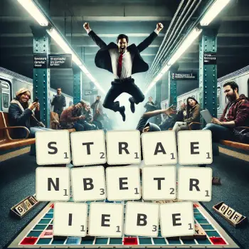 Kreative Illustration für ein Scrabble-Spiel, bei dem das Wort STRAENBETRIEBE mit Steinen auf dem Brett gelegt wurde.