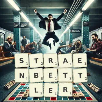 Kreative Illustration für ein Scrabble-Spiel, bei dem das Wort STRAENBETTLER mit Steinen auf dem Brett gelegt wurde.