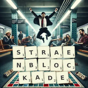 Kreative Illustration für ein Scrabble-Spiel, bei dem das Wort STRAENBLOCKADE mit Steinen auf dem Brett gelegt wurde.