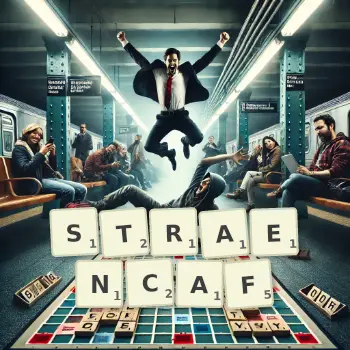 Kreative Illustration für ein Scrabble-Spiel, bei dem das Wort STRAENCAF mit Steinen auf dem Brett gelegt wurde.