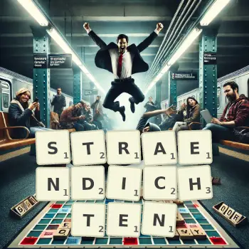 Kreative Illustration für ein Scrabble-Spiel, bei dem das Wort STRAENDICHTEN mit Steinen auf dem Brett gelegt wurde.