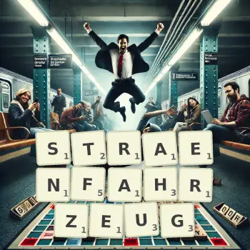 Kreative Illustration für ein Scrabble-Spiel, bei dem das Wort STRAENFAHRZEUG mit Steinen auf dem Brett gelegt wurde.