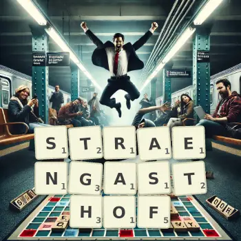 Kreative Illustration für ein Scrabble-Spiel, bei dem das Wort STRAENGASTHOF mit Steinen auf dem Brett gelegt wurde.