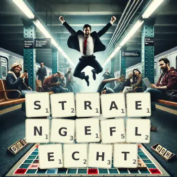 Kreative Illustration für ein Scrabble-Spiel, bei dem das Wort STRAENGEFLECHT mit Steinen auf dem Brett gelegt wurde.