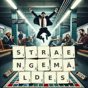 Kreative Illustration für ein Scrabble-Spiel, bei dem das Wort STRAENGEMÄLDES mit Steinen auf dem Brett gelegt wurde.