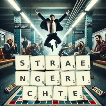 Kreative Illustration für ein Scrabble-Spiel, bei dem das Wort STRAENGERICHTE mit Steinen auf dem Brett gelegt wurde.