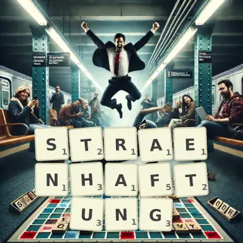 Kreative Illustration für ein Scrabble-Spiel, bei dem das Wort STRAENHAFTUNG mit Steinen auf dem Brett gelegt wurde.
