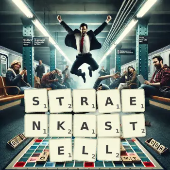 Kreative Illustration für ein Scrabble-Spiel, bei dem das Wort STRAENKASTELL mit Steinen auf dem Brett gelegt wurde.