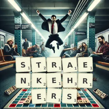 Kreative Illustration für ein Scrabble-Spiel, bei dem das Wort STRAENKEHRERS mit Steinen auf dem Brett gelegt wurde.