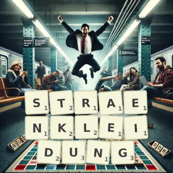Kreative Illustration für ein Scrabble-Spiel, bei dem das Wort STRAENKLEIDUNG mit Steinen auf dem Brett gelegt wurde.