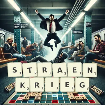 Kreative Illustration für ein Scrabble-Spiel, bei dem das Wort STRAENKRIEG mit Steinen auf dem Brett gelegt wurde.