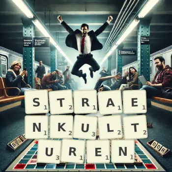 Kreative Illustration für ein Scrabble-Spiel, bei dem das Wort STRAENKULTUREN mit Steinen auf dem Brett gelegt wurde.